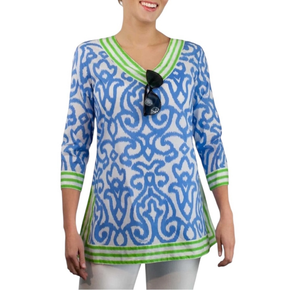 Gretchen Scott Blue & Green Arabesque Printed Tunic Top - S
